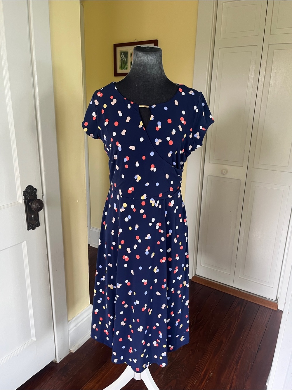 R&K Navy Polka Dot Faux-Wrap Midi Dress